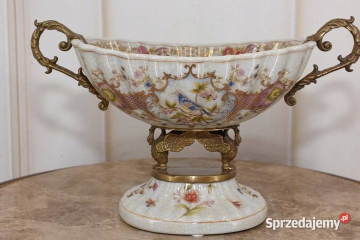 Niebieska Patera Stojąca z Łabędziami Porcelana małopolskie Kraków