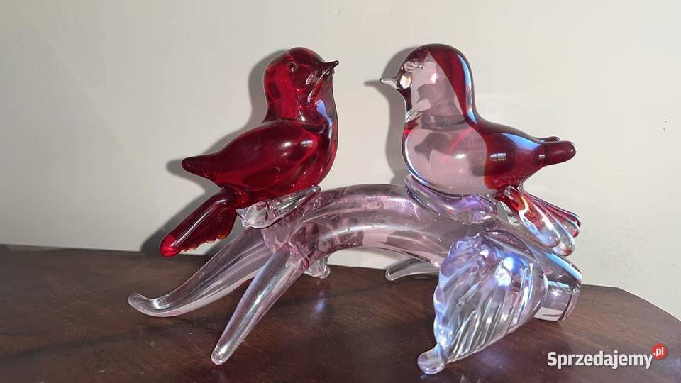 Szklana figurka 2 Ptaszki na gałęzi Z czerwono Gdańsk