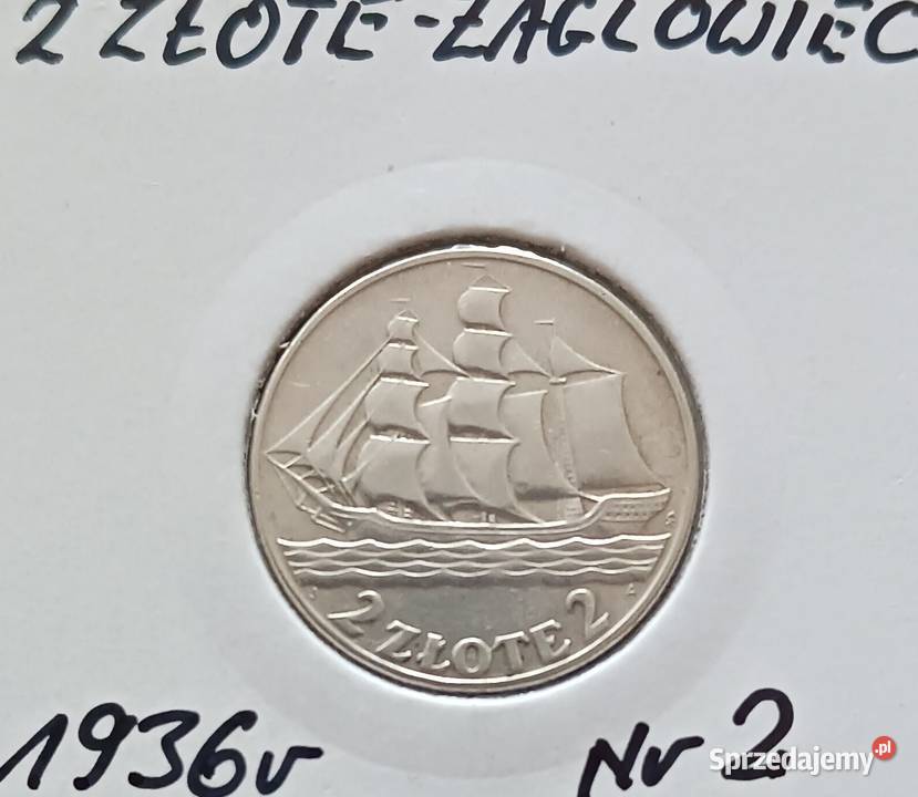 2 Żaglowiec 1936 r 2 srebro oryginał Cudeńko Numizmatyka Konin