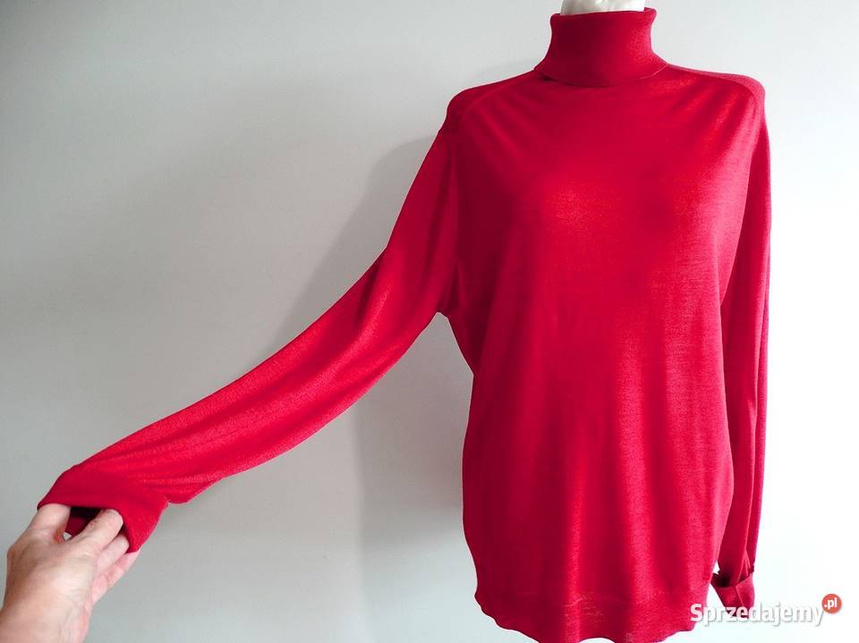 Sweter z Golfem Wełniany Jedwabny Modny Czerwony