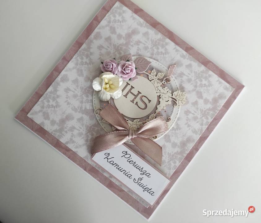 Kartka ręcznie robiona na Komunię Świętą liliowe