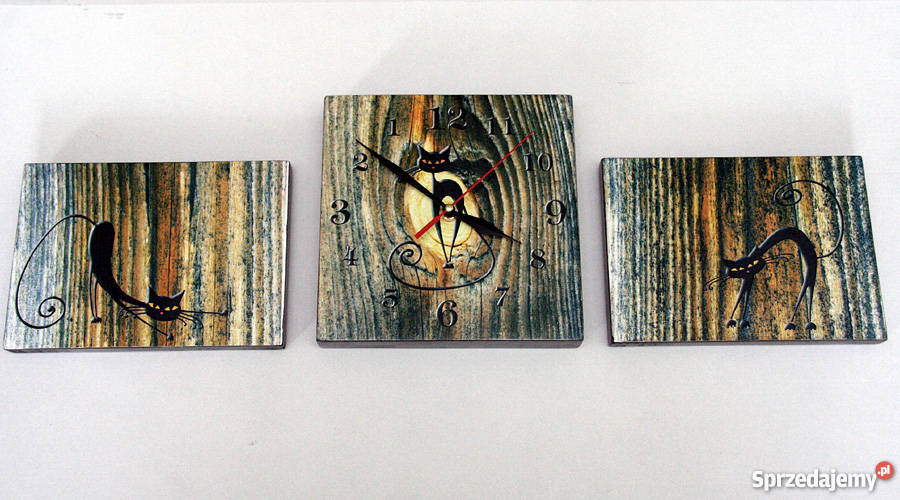 Zegar tryptyk wsteczny z motywem kota drewno Kościerzyna