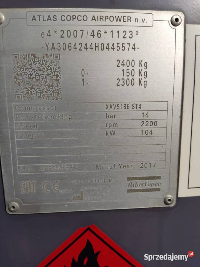Kompresor śrubowy 2017 XAVS186 ATLAS COPCO mazowieckie