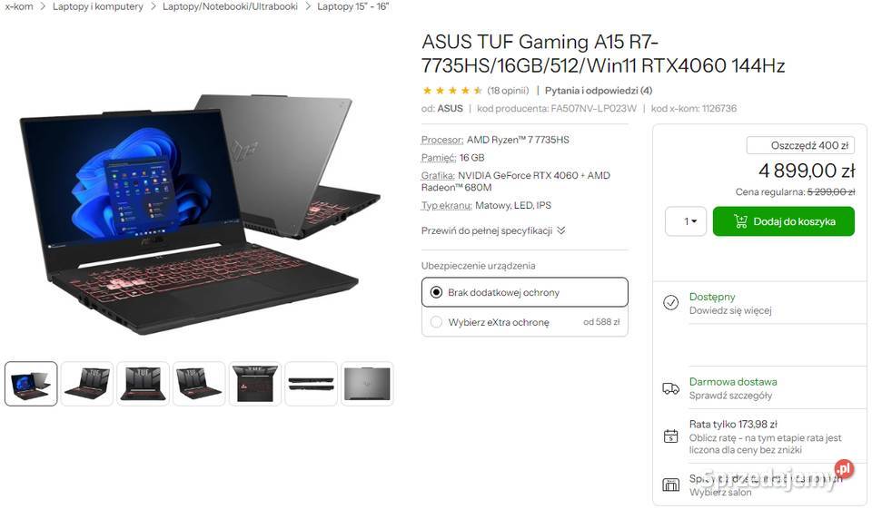 ASUS TUF Gaming A15 R7 7735HS 16GB 512 Win11 Warszawa