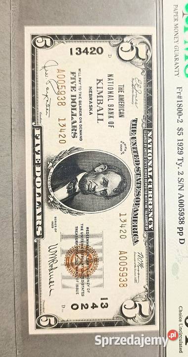 USA 5 Dolarów 1929 r Kimball Nebraska PMG 64 EPQ Węgorzewo