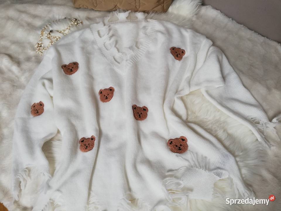 Sweter damski biały dzianina miśki Warszawa