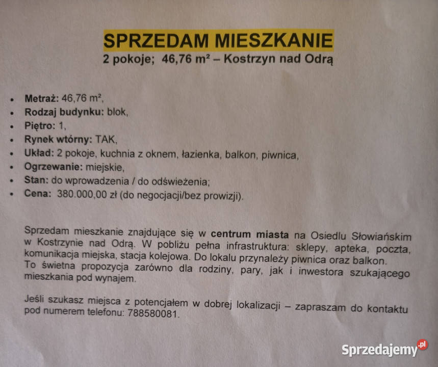 Mieszkanie w centrum Kostrzyna Odrą Rok budowy 1968 Kostrzyn nad Odrą
