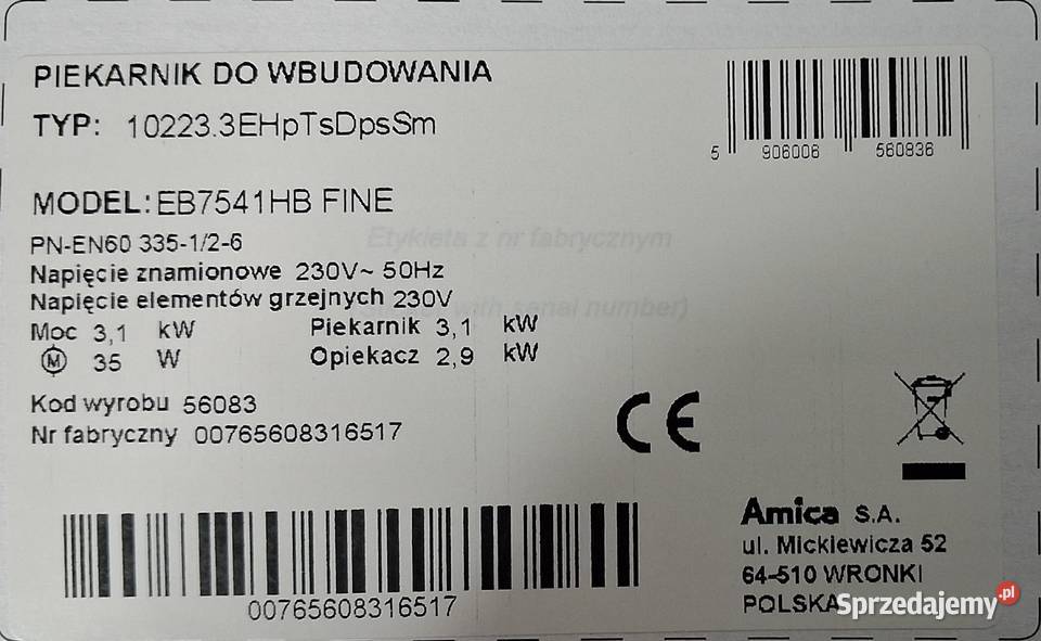 Do sprzedania piekarnik do wbudowania Amica Gliwice