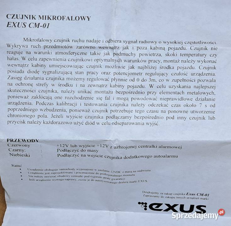 CZUJNIK MIKROFALOWY EXUS 01 Układ elektryczny, zapłon dolnośląskie Mielęcin