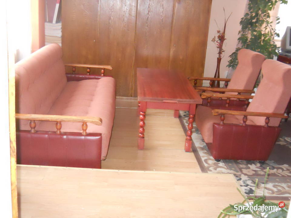 Komplet wypoczynkowy, kanapa+fotele+stół rozkładany ława PRL