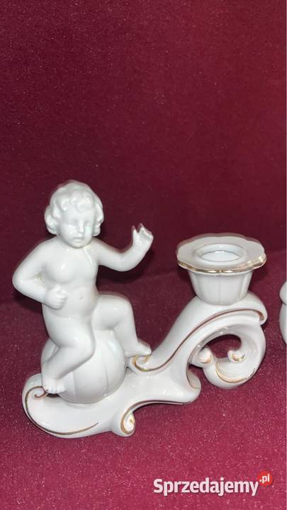 2Białe świeczniki z Putto lustrzane kominkowe Porcelana i szkło pomorskie Gdańsk