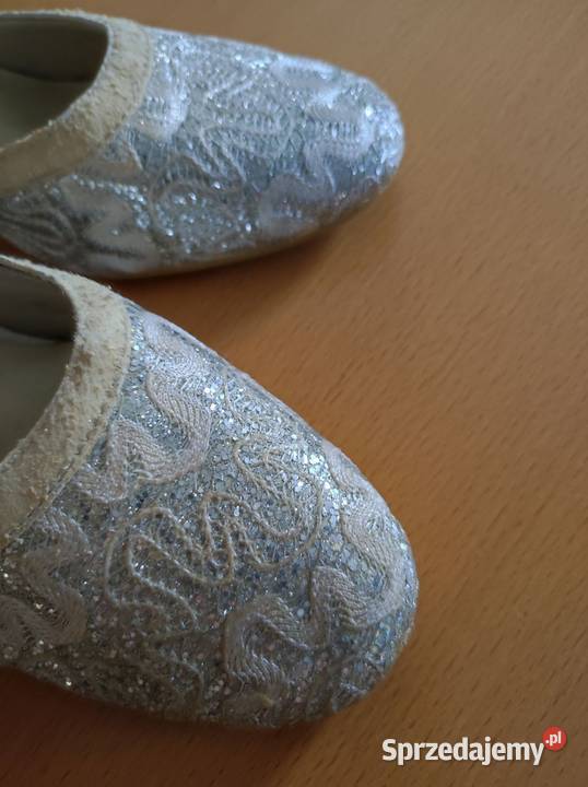 srebrne brokatowe vintage ślubne wizytowe buty Czółenka