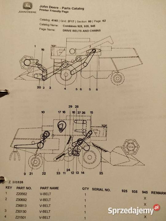 Katalog części do kombajn John Deere 925