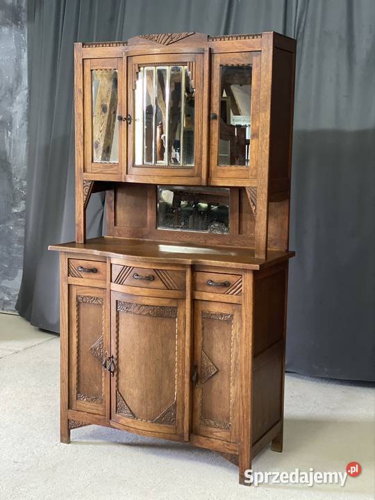 Kredens dębowy Art Deco z lustrami fazowanymi Budno
