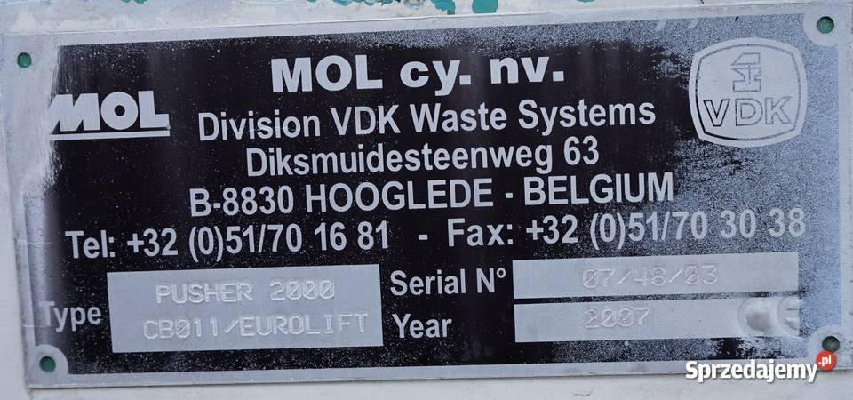 Zabudowa śmieciarki MOL VDK PUSHER 2000 CZĘŚCI Wola Murowana