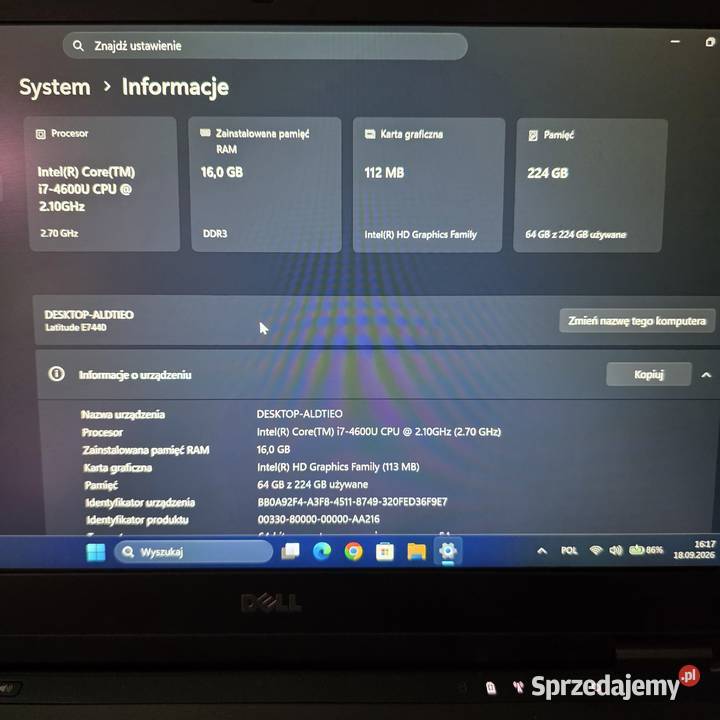 Dell e7440 i7 16gb ramu ssd 256gb interfejs do Iława