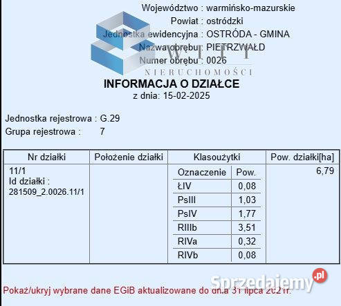 sprzedaży ziemi Pietrzwałd 154000m2 rolna