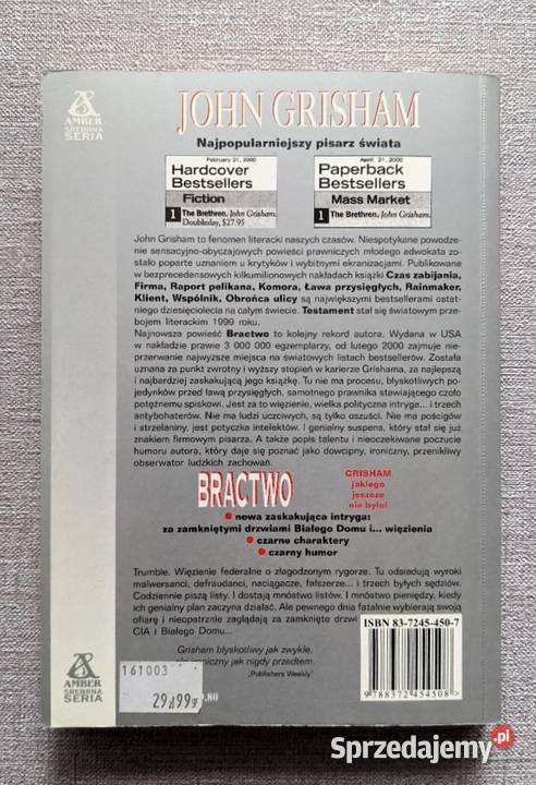 Książka Bractwo John Grisham powieść sensacja Kraków