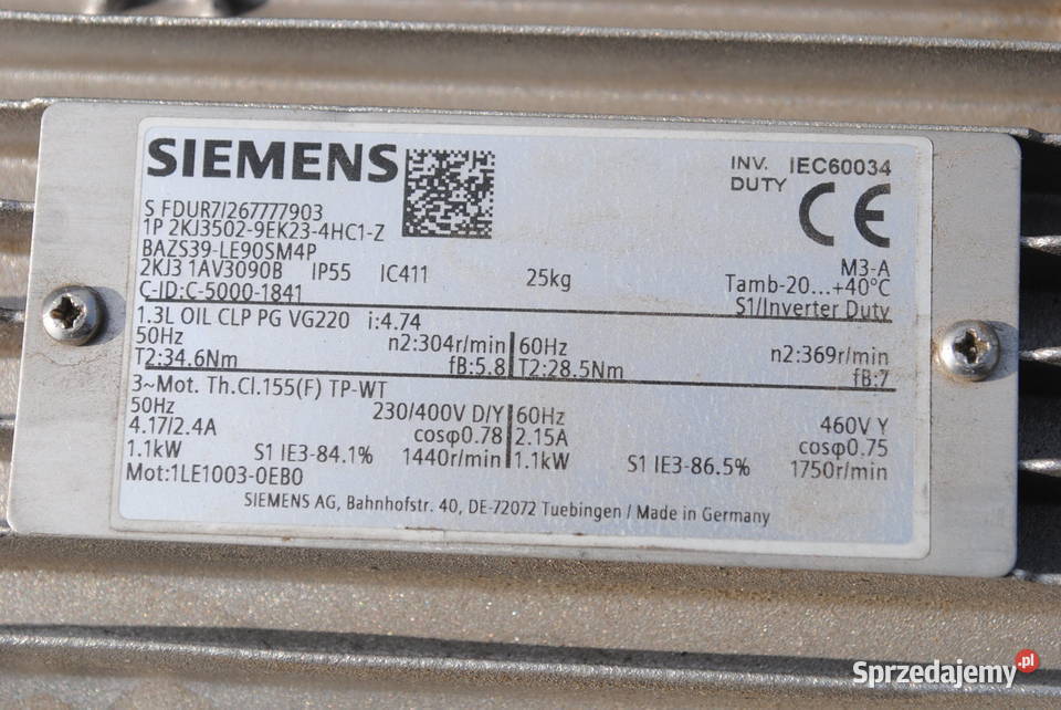 Motoreduktor kątowy 11kw 304obrmin firmy siemens Kargowa