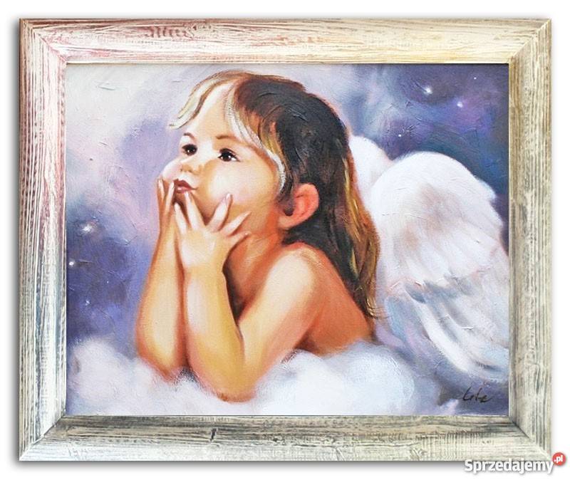 śliczny obraz olejny aniołek prezent na komunię chrzciny