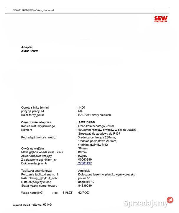 motoreduktor przekładnia 75kW 16obr SEW Pigża