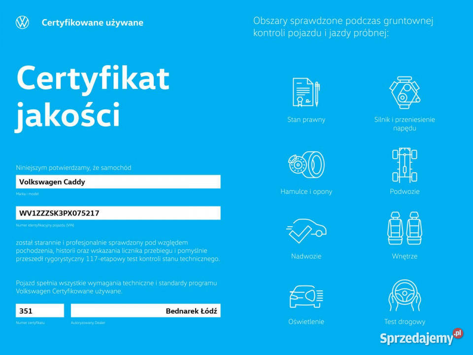 Volkswagen Caddy Bezwypadkowy Salon Polska łopatki zmiany biegów Łódź
