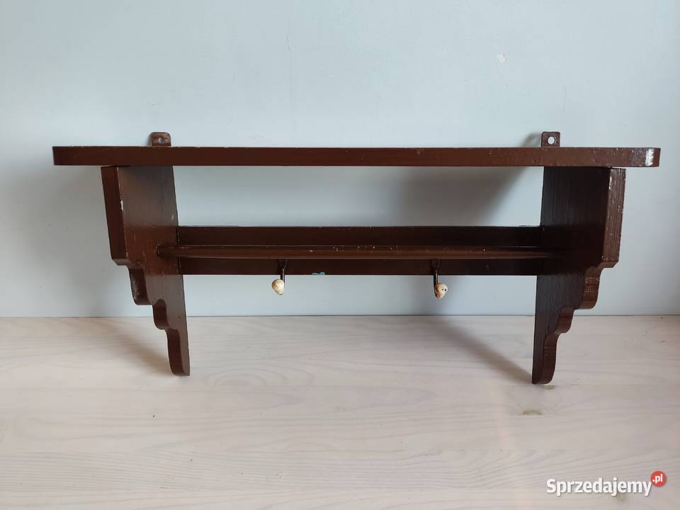 Półka stara ścienna drewniana z wieszakami 14cm Głuchołazy