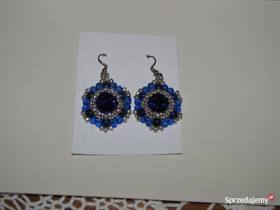 Kolczyki kryształki szafirowe rękodzieło Pruchnik