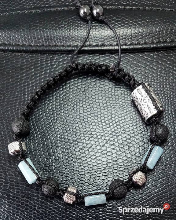 Bransoletka stal runa lawa Akwamaryn kamień LATO