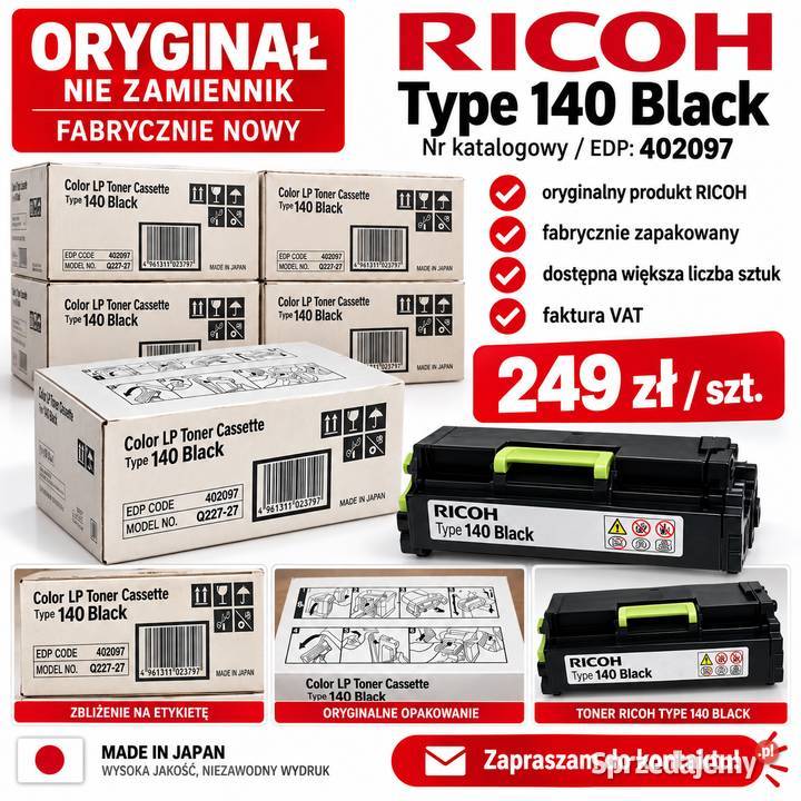 Oryginalny toner RICOH Type 140 Black 402097 Kołobrzeg sprzedam