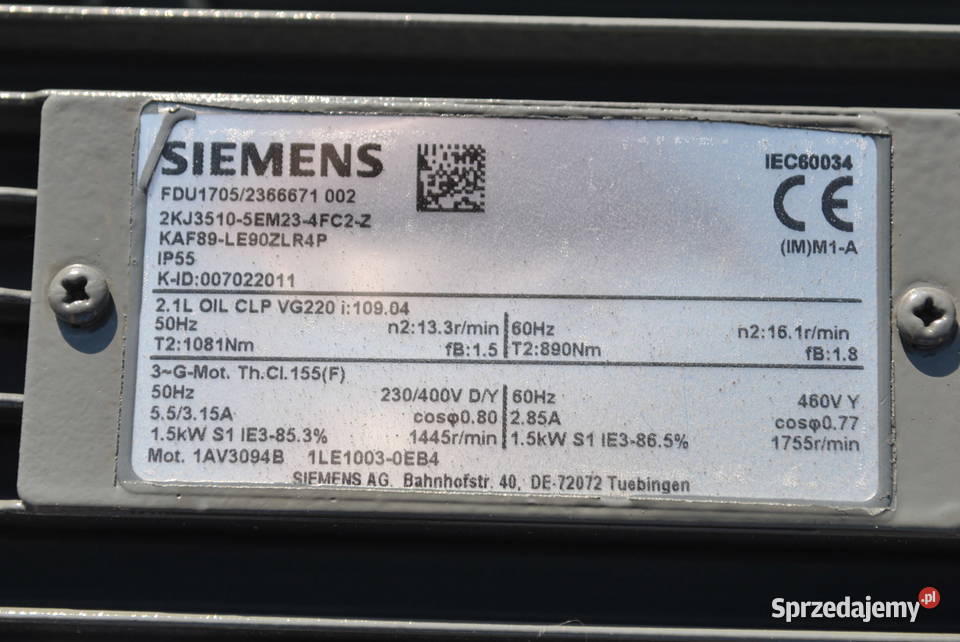 Motoreduktor kątowy 15kw 133obrmin SIEMENS Kargowa sprzedam