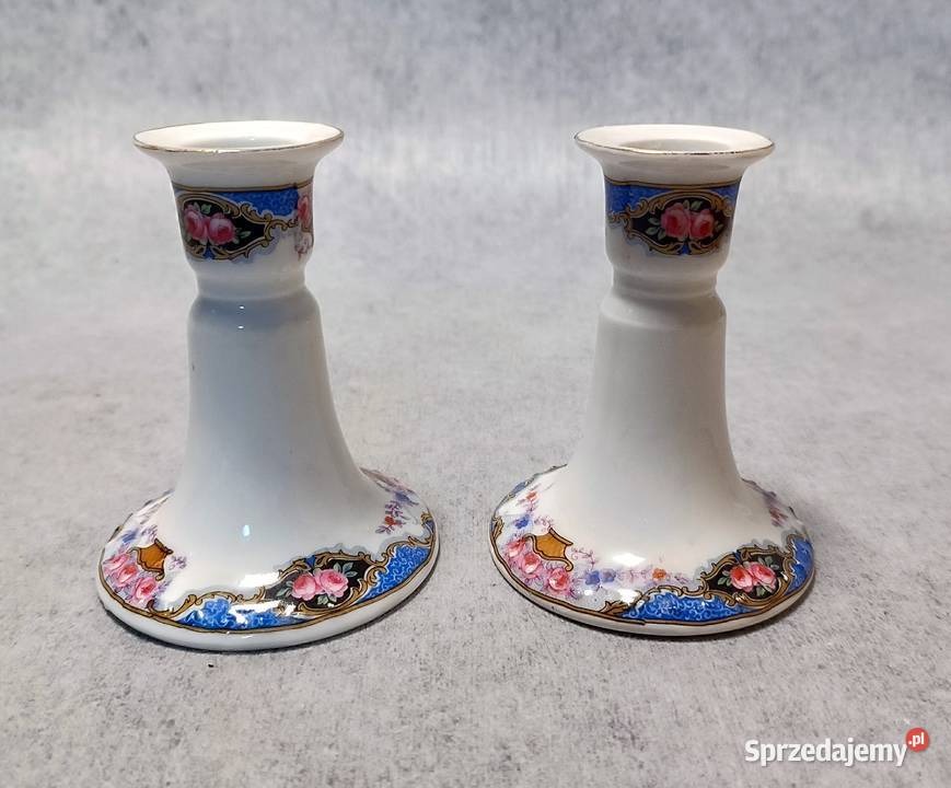 Erdmann Schlegelmich Świeczniki Para Róże Porcelana i szkło Dobrzany