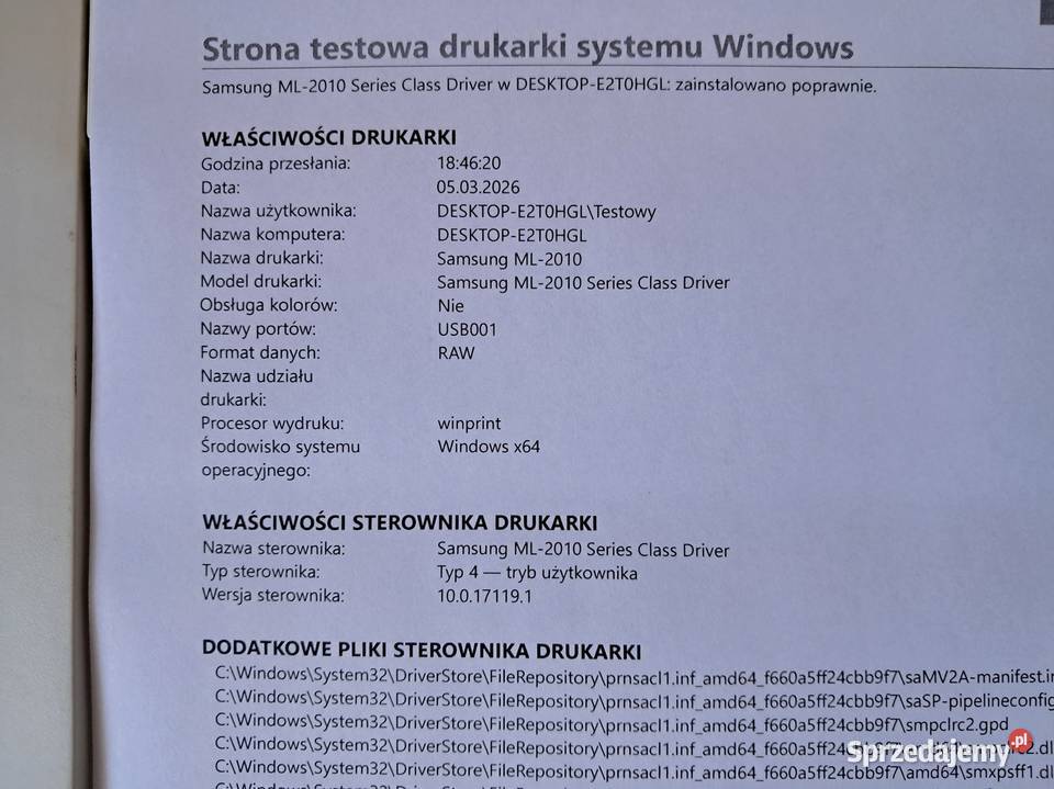 Drukarka laserowa Samsung ML 2010P USB na tonery Kraków sprzedam