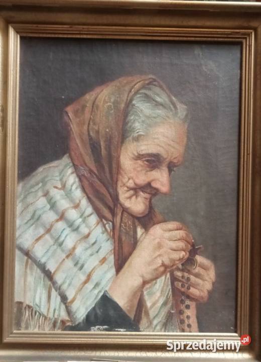 Stary polski obraz Staruszka odmawiającą pacierz Grójec