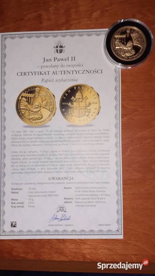 Sprzedam medale pozłacane JPII z 2014 roku Ziębice