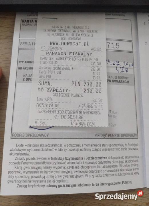 15 roku gwarancji Akumulator Centra 44 Ah sprzedam