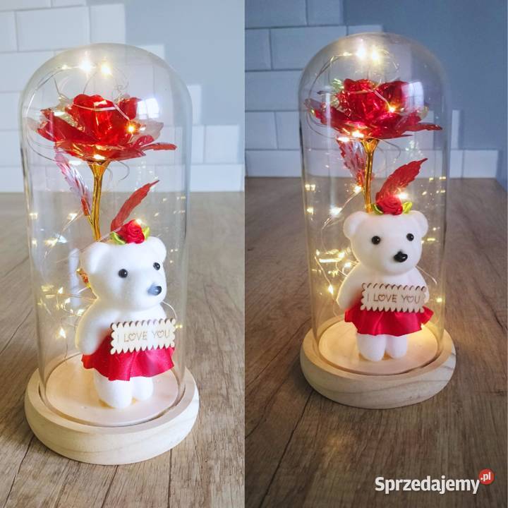 Róża w szkle LED z misiem I love youprezent Walentynki Bydgoszcz