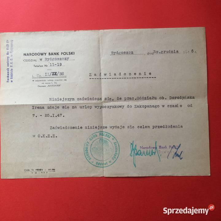 1680 Zaświadczenie Narodowego Banku Szczecin