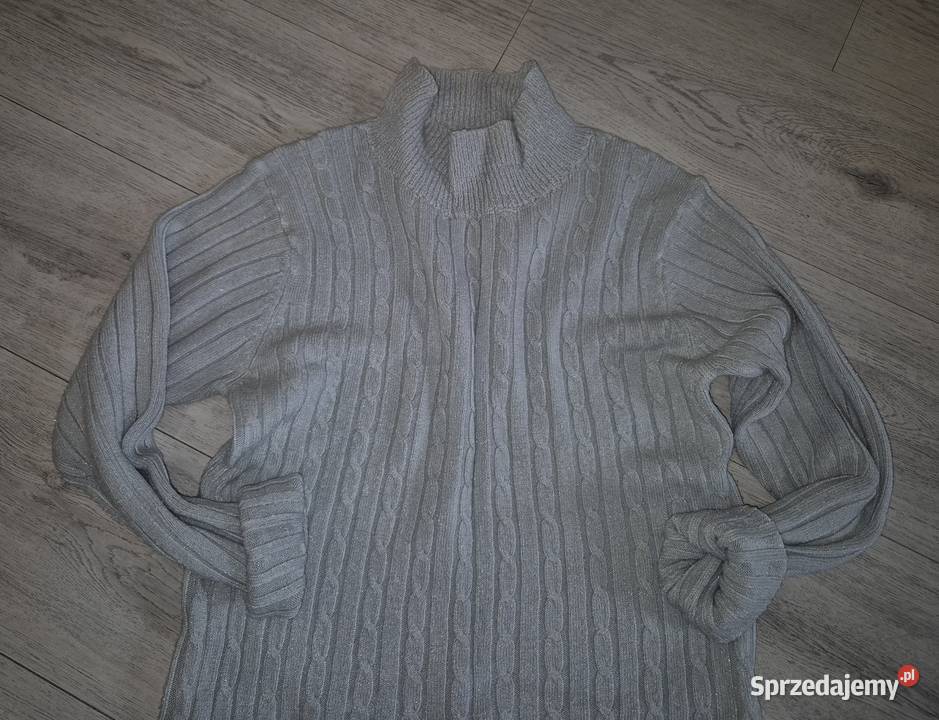 Sweter damski popielaty golf warkocze 38M długi łódzkie