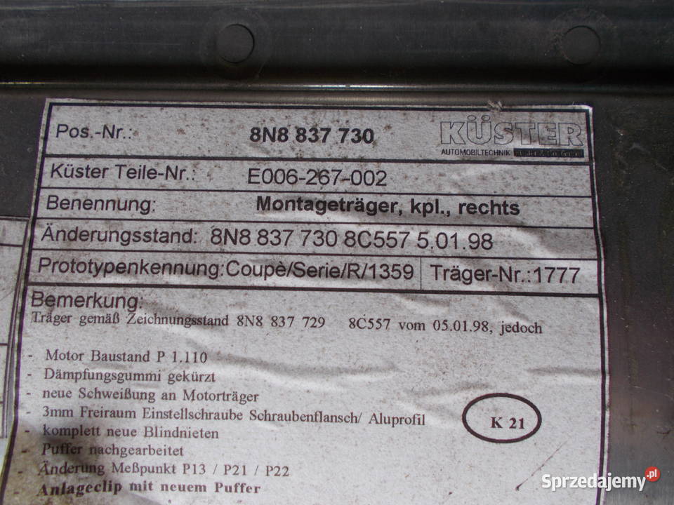 audi TT 98r mechanizm lewy prawy podnośnik szyby lubelskie Zamość
