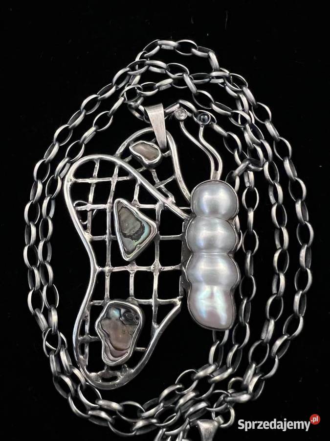 Srebrny wisior broszka motyl perły akwamaryn Wisiorki Warszawa