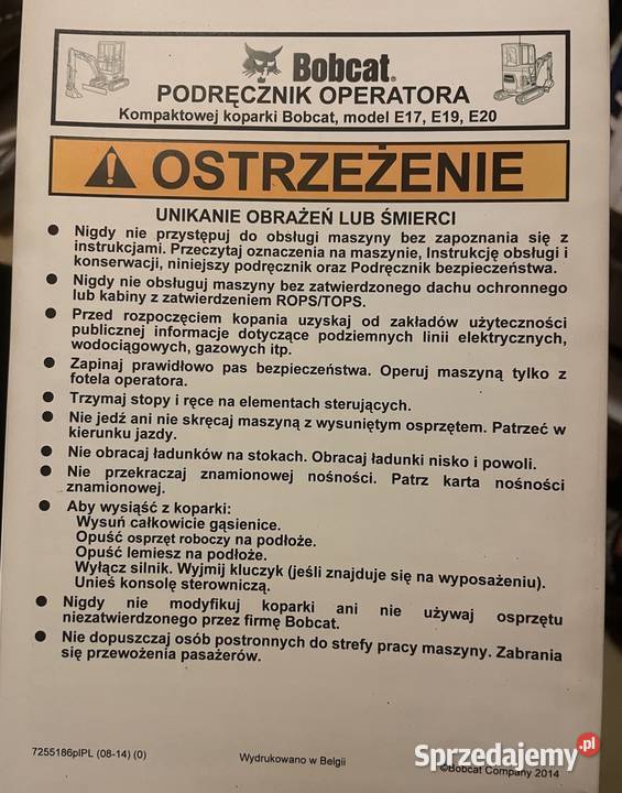 Podręcznik operatora instrukcja BOBCAT koparka Biczyce Górne sprzedam