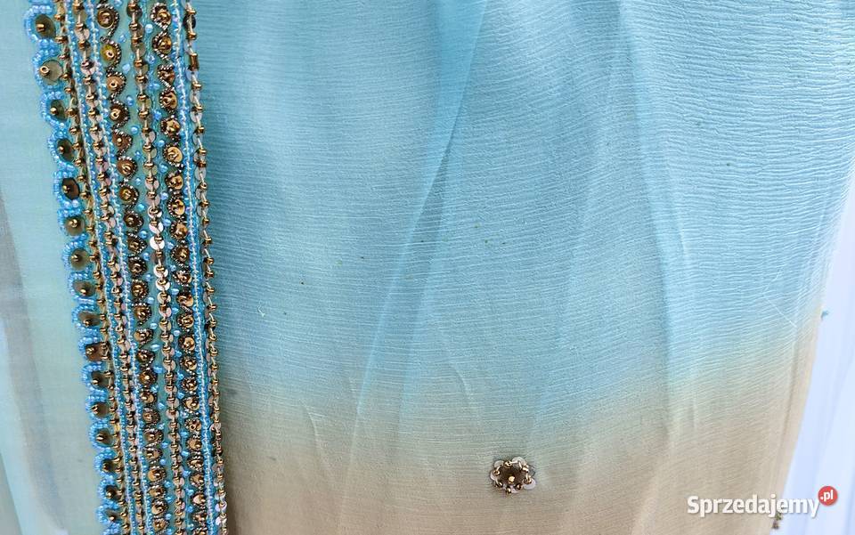 Piękne zdobione sari beż turkus koraliki saree Szczecin
