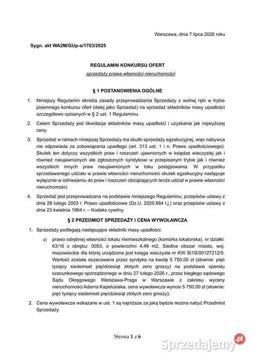 Syndyk sprzeda piwnicę lokatorską w Siedlcach Siedlce