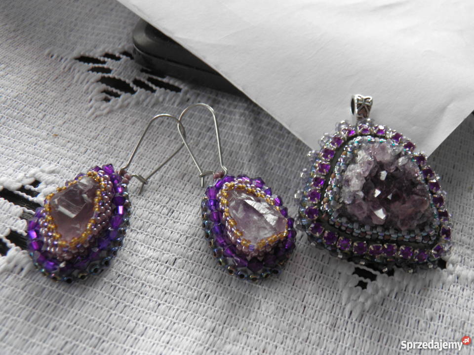 Ametyst surowy bryłki kolczyki wisior beading śląskie