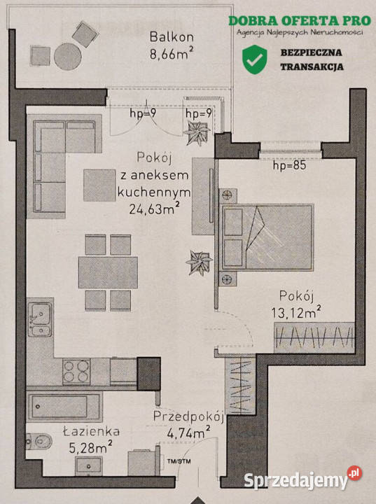 2 pokoje z dużym balkonem Kamienice