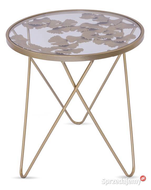 Złoty okrągły metalowy stolik ze szklanym blatem MD118777