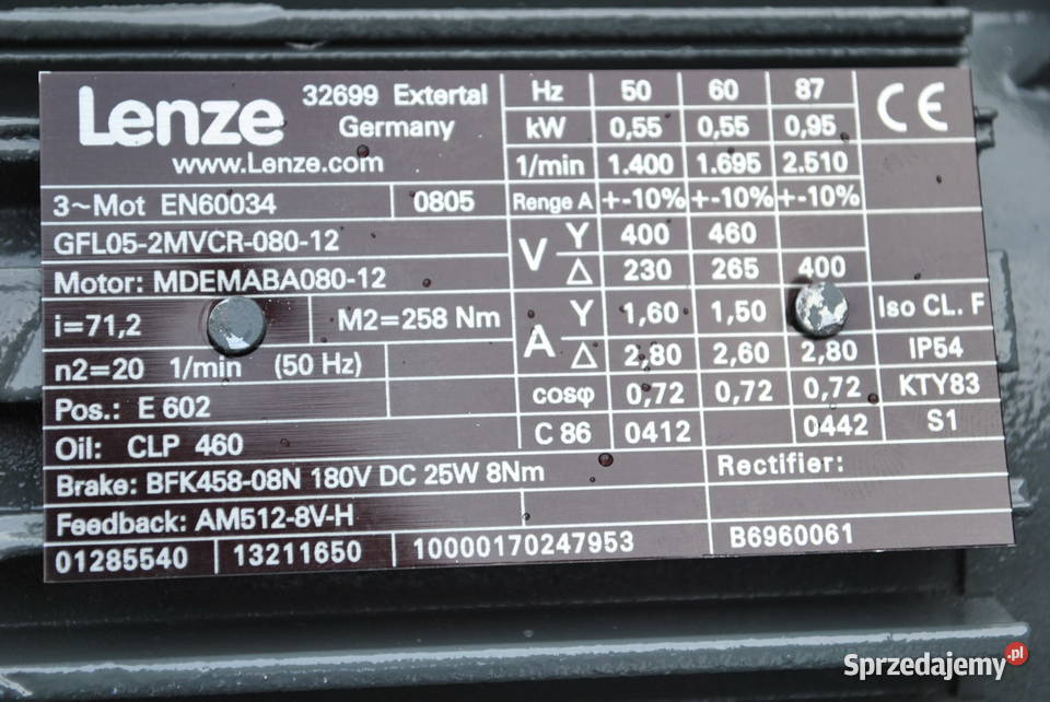 Motoreduktor 055kw 19obrmin z hamulcem LENZE lubuskie Kargowa