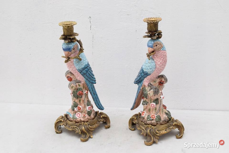 2 ŚWIECZNIKI PORCELANA BRĄZ PAPUGI OKUTE BRĄZEM Kraków