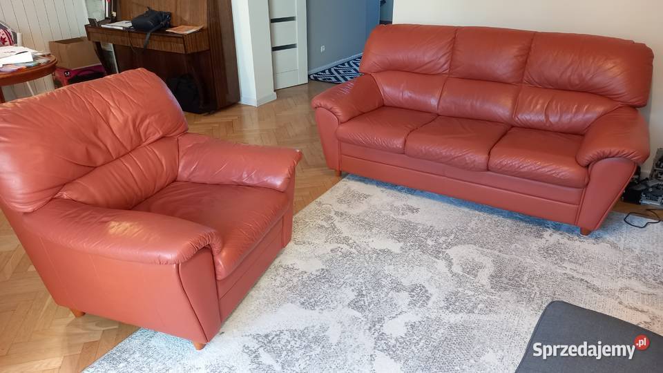PROMOCYJNA CENA - Sofa + fotel skórzane. Super Kolor, w dobrym stanie. 1999